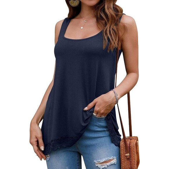 NEW NWT Navy Blue Sz Medium Soft Stretchy Rayon Lace Trim Roomy Tank Top - Picture 2 of 3